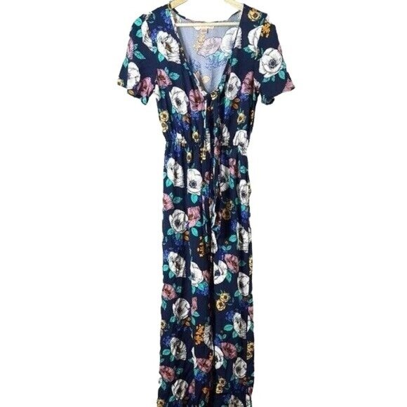 Band of Gypsies Jumpsuit Blue Small V Neck Short Sleeves Front Tie Floral Boho - Picture 1 of 7